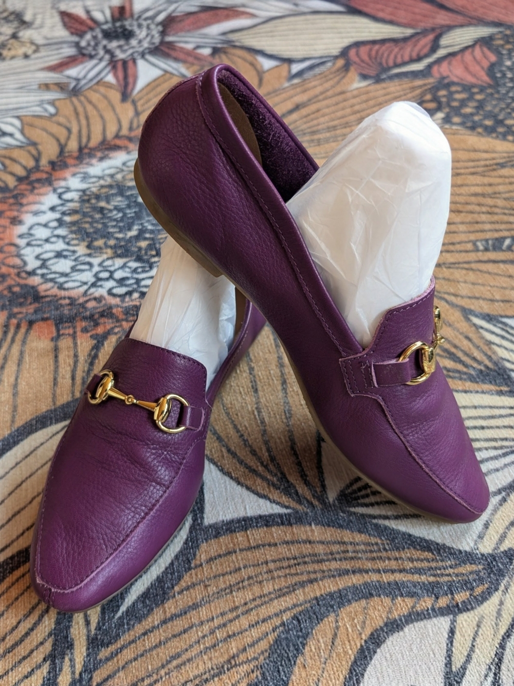 Women's Purple Leather Loafers with Gold Detail